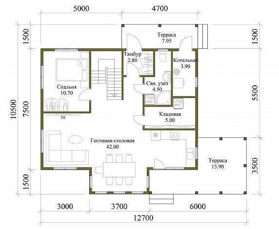 Проект каркасного дома с мансардой, 5 спальнями, гостиной-столовой и крытой террасой / План 1 этажа