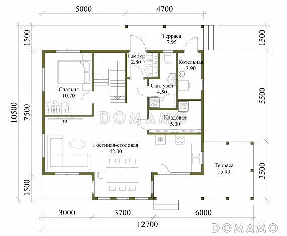 Проект каркасного дома с мансардой, 5 спальнями, гостиной-столовой и крытой террасой / План 1 этажа