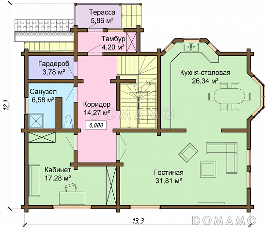 Проект одноэтажного дома из бруса с мансардным и цокольным этажами / План 1 этажа