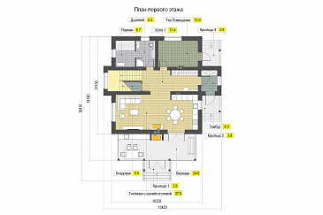 Проект дома с верандой c барбекю, кладовой под лестницей, парной и душевой, кабинетом и спальнями на мансардном этаже / План 1 этажа