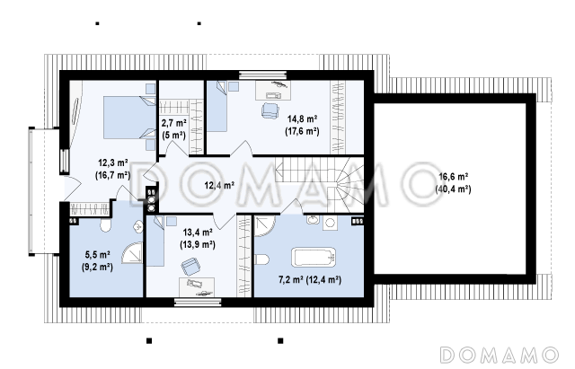 Проект просторного одноэтажного дома из кирпича с тремя спальнями и подсобным помещением на мансардном этаже и со встроенным гаражом / План мансардного этажа