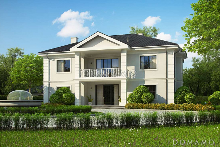 Проект большого двухэтажного дома из кирпича с четырьмя спальнями, сауной и просторной дневной зоной