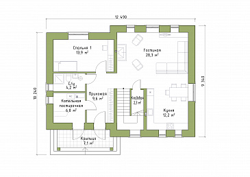 Проект коттеджа с удобной планировкой / План 1 этажа