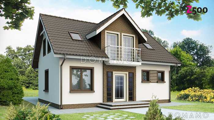 Проект одноэтажного мансардного дома из кирпича с балконом над входом