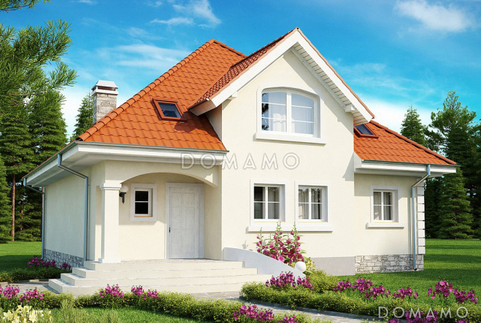 Проект уютного дома с цокольным этажом, камином на террасе, просторной гостиной, кладовой в кухне