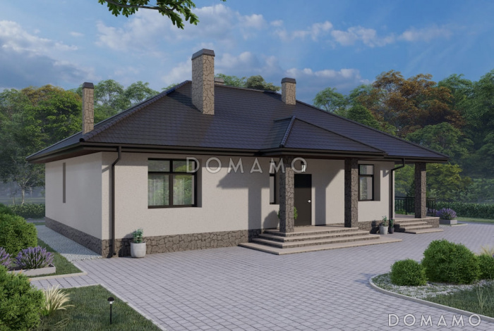 Проект дома из газобетона с большой гостиной, камином и 3 спальнями