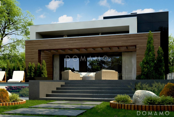 Проект просторного современного двухэтажного дома из кирпича с плоской крышей,  с пятью комнатами, гаражом и террасой на втором этаже