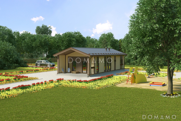 Проект одноэтажного каркасного дома с тремя спальнями, сауной и крытой террасой