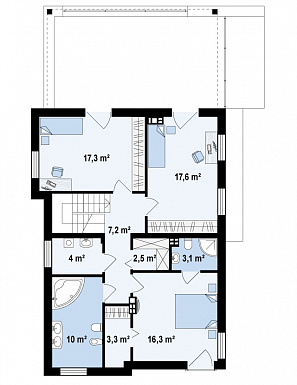 Проект современного двухэтажного дома из кирпича в стиле модерн, с террасой на втором уровне и встроенным гаражом / План 2 этажа