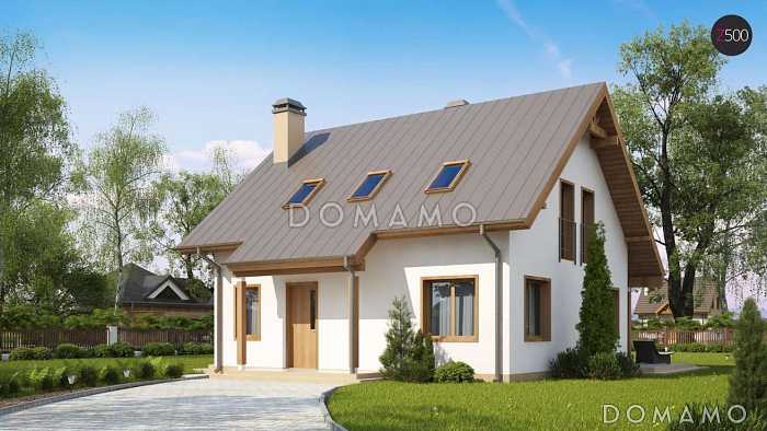 Проект компактного мансардного дома из кирпича с угловой террасой и окнами с французским балконом