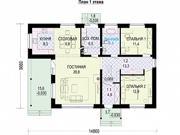 Проект одноэтажного компактного дома из кирпича с двумя спальнями, просторной дневной зоной и крытой террасой / План 1 этажа