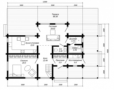 Проект дома из клееного бруса с гостиной эффектно совмещеной с зоной второго света / План 1 этажа