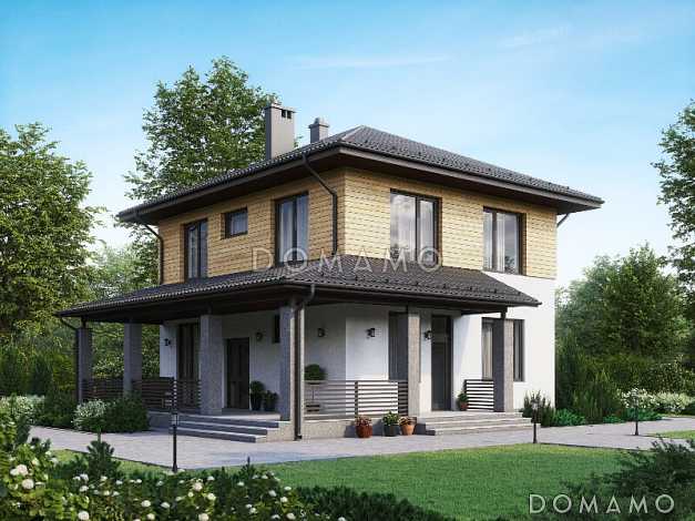 Проект двухэтажного дома из газобетона с пятью комнатами и крытой террасой