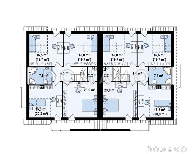 Проект современных мансардных домов-близнецов из газобетона с гаражом, слуховым окном и балконом / План мансардного этажа