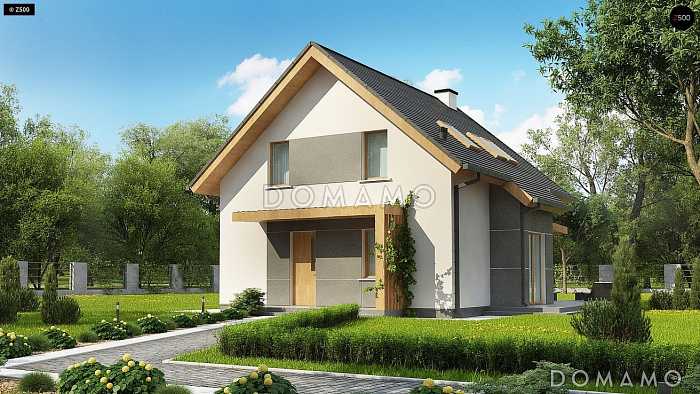 Проект небольшого одноэтажного мансардного дома из газобетона с эркером, с кабинетом и тремя спальнями