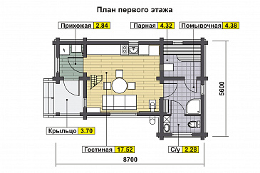Проект узкого дома с косой крышей, кухней-гостиной, парной, спальней, балконом и вторым светом / План 1 этажа