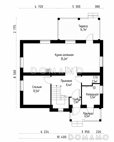 Проект коттеджа шале с террасой и балконом. / План 1 этажа