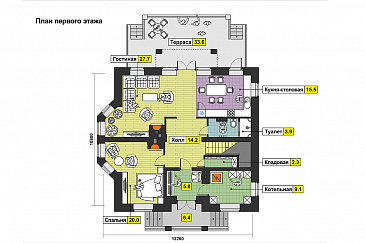 Двухэтажный дом с открытой большой террасой, тремя балконами, эркером / План 1 этажа