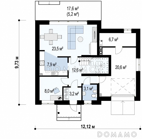 Проект классического одноэтажного мансардного дома из кирпича с четырьмя спальнями и гаражом / План 1 этажа