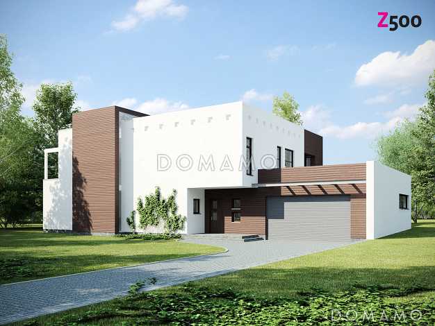 Проект современного просторного двухэтажного дома из газобетона в стиле кубизм с гаражом и террасой над ним