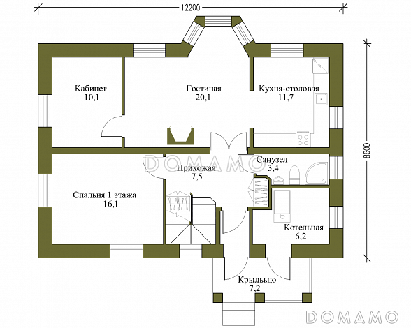 Проект коттеджа с эркером и балконом / План 1 этажа