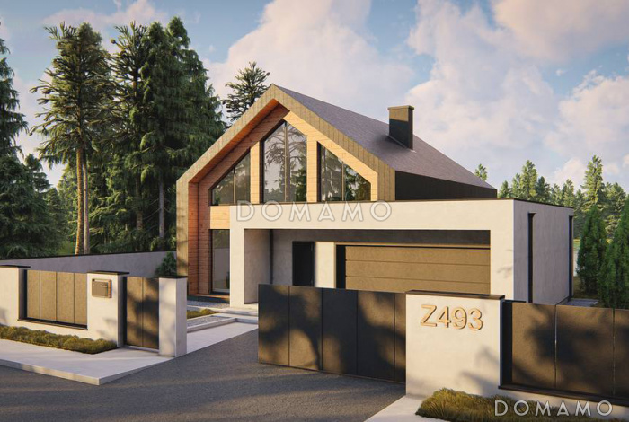 Проект загородного дома с панорамным остеклением, кабинетом, просторной гостиной, гаражом на 2 машины, кладовой на кухне