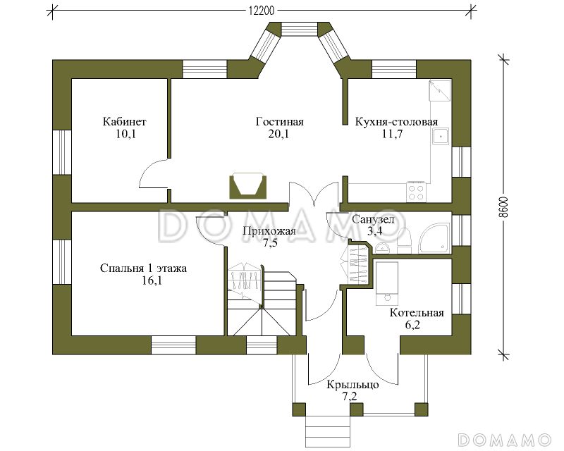 Проект коттеджа с эркером и балконом / План 1 этажа