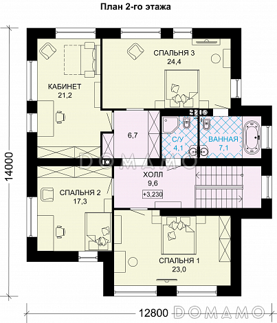 Проект двухэтажного дома из газобетона с просторной гардеробной / План 2 этажа