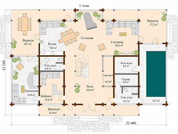 Проект дома с 5 комнатами на мансардном этаже / План 1 этажа