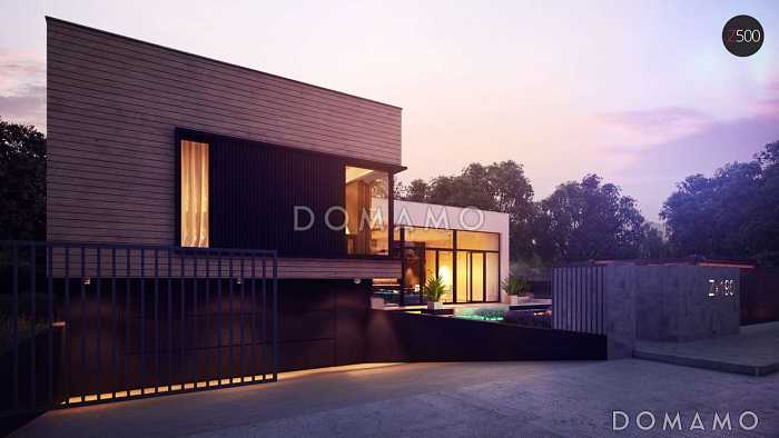 Проект современного двухэтажного дома из кирпича с плоской крышей, с двумя спальнями и подземным гаражом