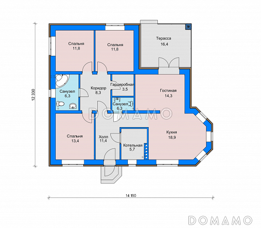 Проект одноэтажного дома с эркером в кухне, гардеробной комнатой, террасой  / План 1 этажа