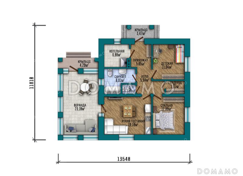 Проект одноэтажного дома с большим чердаком, просторной крытой верандой и двухскатной кровлей / План 1 этажа