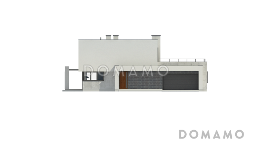 Проект современного двухэтажного дома из кирпича с плоской крышей с гаражом для двух автомобилей и террасами на обоих уровнях / Фасад 1