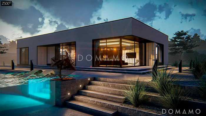 Проект современного одноэтажного дома с плоской кровлей и гаражом на две машины