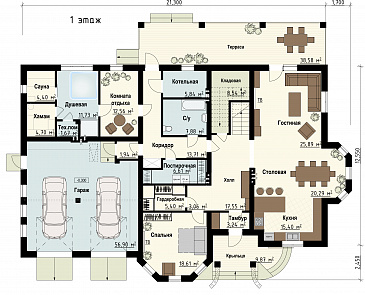 Проект загородного дома с гаражом, сауной, террасой, спортзалом / План 1 этажа