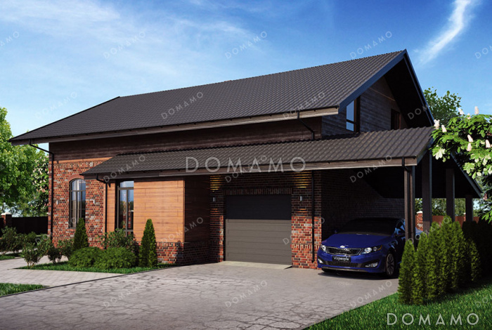 Проект дома с 4 спальнями на мансарде, гаражом и навесом для автомобиля