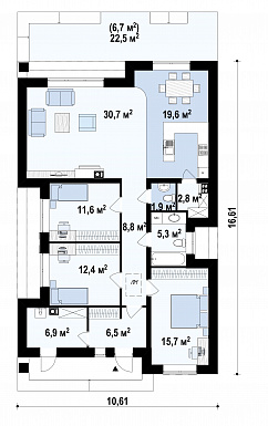 Проект стильного одноэтажного дома из газобетона с тремя спальнями  / План 1 этажа