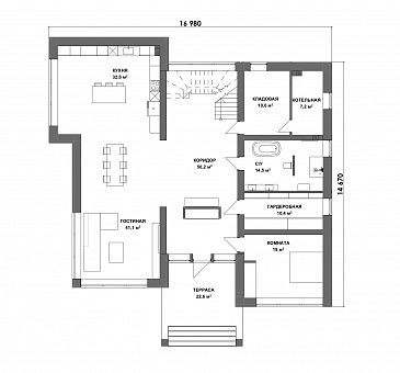 Проект современного двухэтажного дома с балконом, вторым светом и мастер-спальней / План 1 этажа