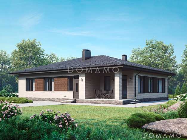 Проект одноэтажного дома с гаражом, террасой, детскими комнатами, просторной гостиной