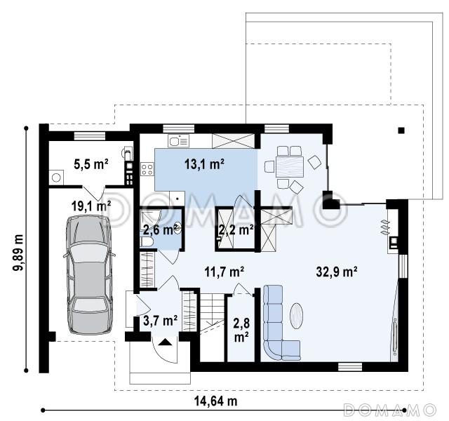 Проект одноэтажного мансардного дома из кирпича с тремя спальнями и пристроенным гаражом / План 1 этажа