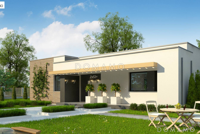 Проект одноэтажного дома с плоской крышей, террасой,  тремя спальнями