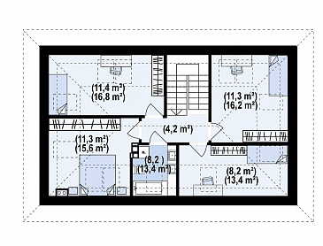 Проект комфортного одноэтажного загородного дома с мансардой, гаражом, санузлом на первом этаже, просторной дневной зоной / План мансардного этажа