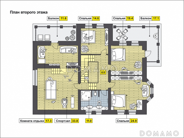 Проект загородного дома с эркером, с гаражом на две машины, двумя большими балконами и террасами / План 2 этажа