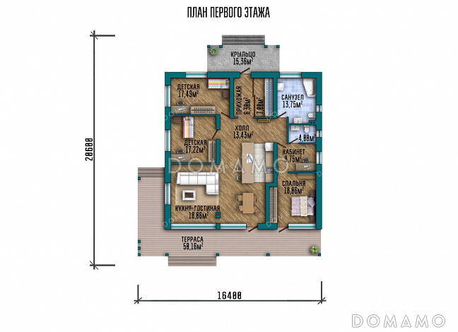 Проект одноэтажного дома с большой террасой / План 1 этажа