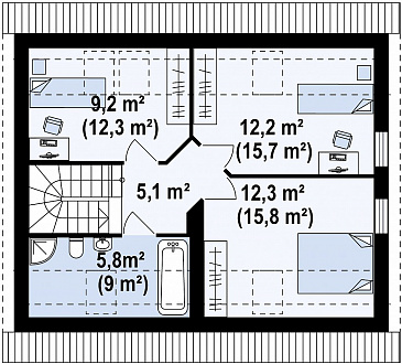 Проект одноэтажного мансардного дома из кирпича с навесом для автомобиля / План мансардного этажа