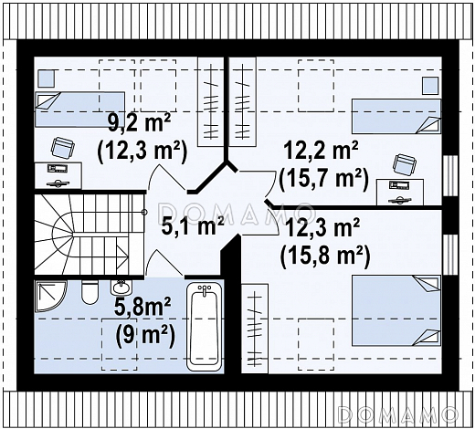 Проект одноэтажного мансардного дома из кирпича с навесом для автомобиля / План мансардного этажа