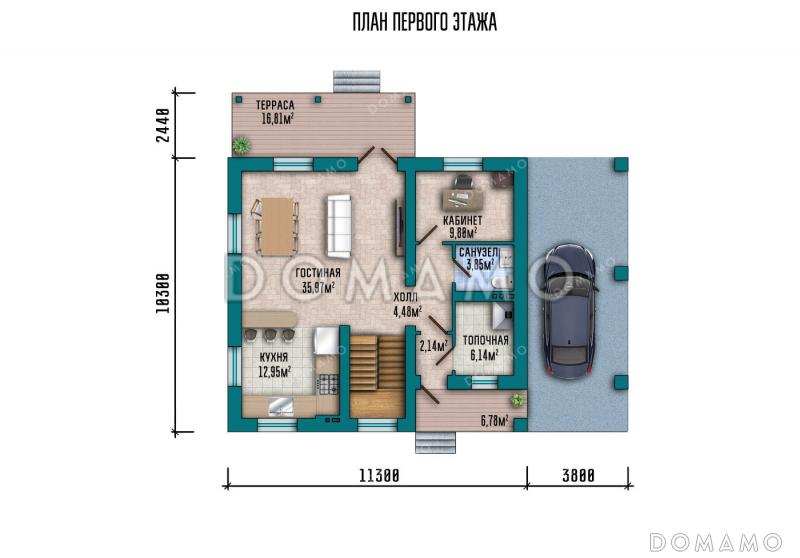 Проект загородного дома с мансардой, навесов для автомобиля, кабинетом и тремя спальнями / План 1 этажа