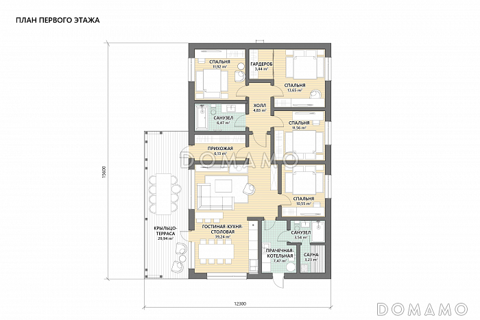 Проект одноэтажного дома с большой террасой, 4 спальнями и сауной / План 1 этажа