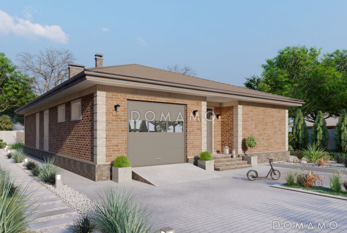 Проект дома с мастер-спальней, крытой террасой и встроенным гаражом