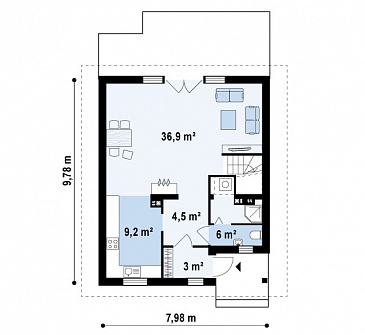 Проект простого одноэтажного мансардного дома из газобетона с тремя спальнями / План 1 этажа